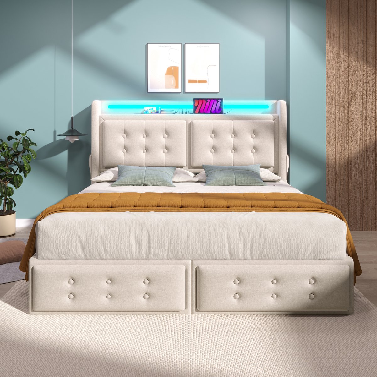 160x200cm stoffen bed - met leren hoofdbord en USB-C oplaadfunctie - met 4 lades - opbergbed - beige - zonder matras