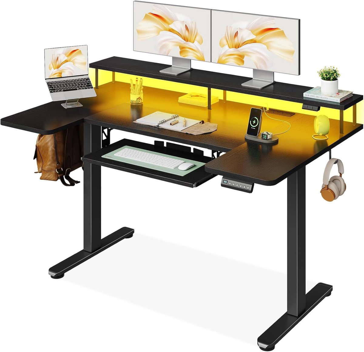 Elektrisch Bureau OffiPro U-Vorm 140 cm – In Hoogte Verstelbaar Zit-Sta Bureau met Monitorstandaard, USB Oplaadpoorten, Stopcontacten en LED Verlichting – Gaming en Kantoor Computerbureau, Zwart