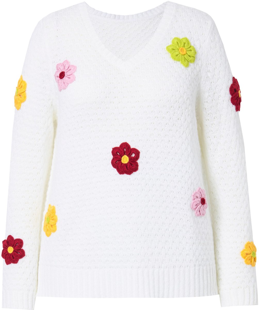 MIAMODA - Dames - Pullover classic fit 3D-bloemen zijsplitten - Off-white - Maat 50+