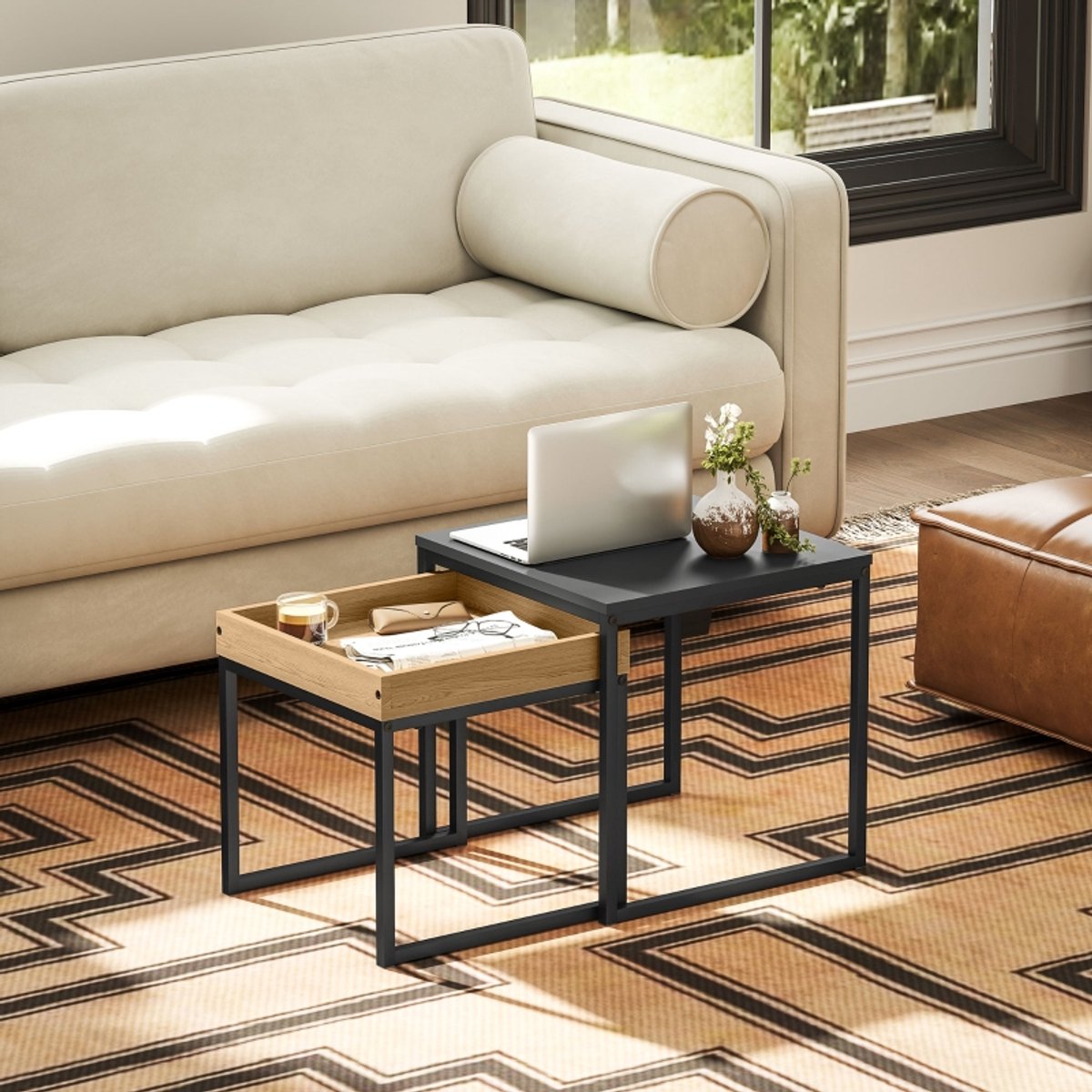 REDOM 2-delige salontafelset – moderne zwarte bijzettafels met eikenhouten dessin, melamine MDF en stalen U-frame