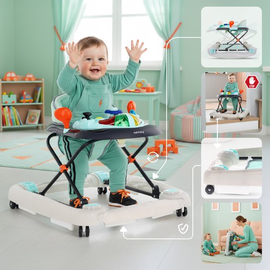 sun baby Loopstoel, baby walker vanaf 6 maanden, verstelbare hoogte, rubberen wielen - Blauw-Grijs van Sun Baby — afbeelding 4
