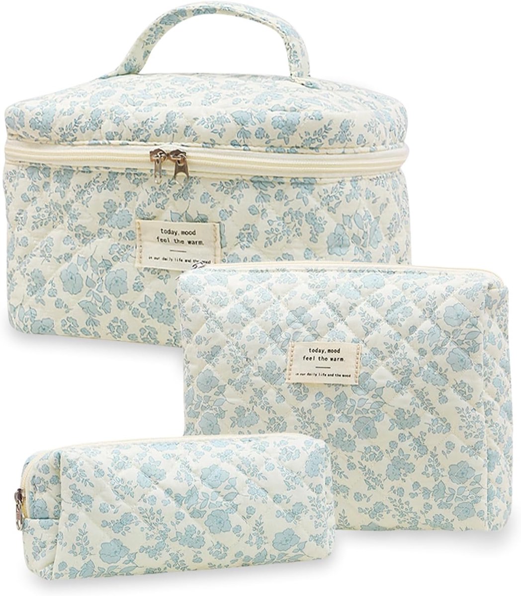Set van 3 Coquette Make-up Tasjes Bloemen Katoen Gewatteerd – Grote Capaciteit Esthetische Cosmetica & Toilettas voor Vrouwen – Reizen Organizer met Ritssluiting en Schattig Design
