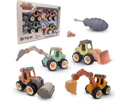 Bitey Speelgoed – Werkvoertuigen (4-delig) - Zelf schroeven - Stimuleert motoriek en leren
