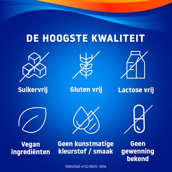 Iconen: suikervrij, glutenvrij, lactosevrij, vegan ingrediënten, geen kunstmatige kleur-/smaakstoffen, geen gewenning bekend.