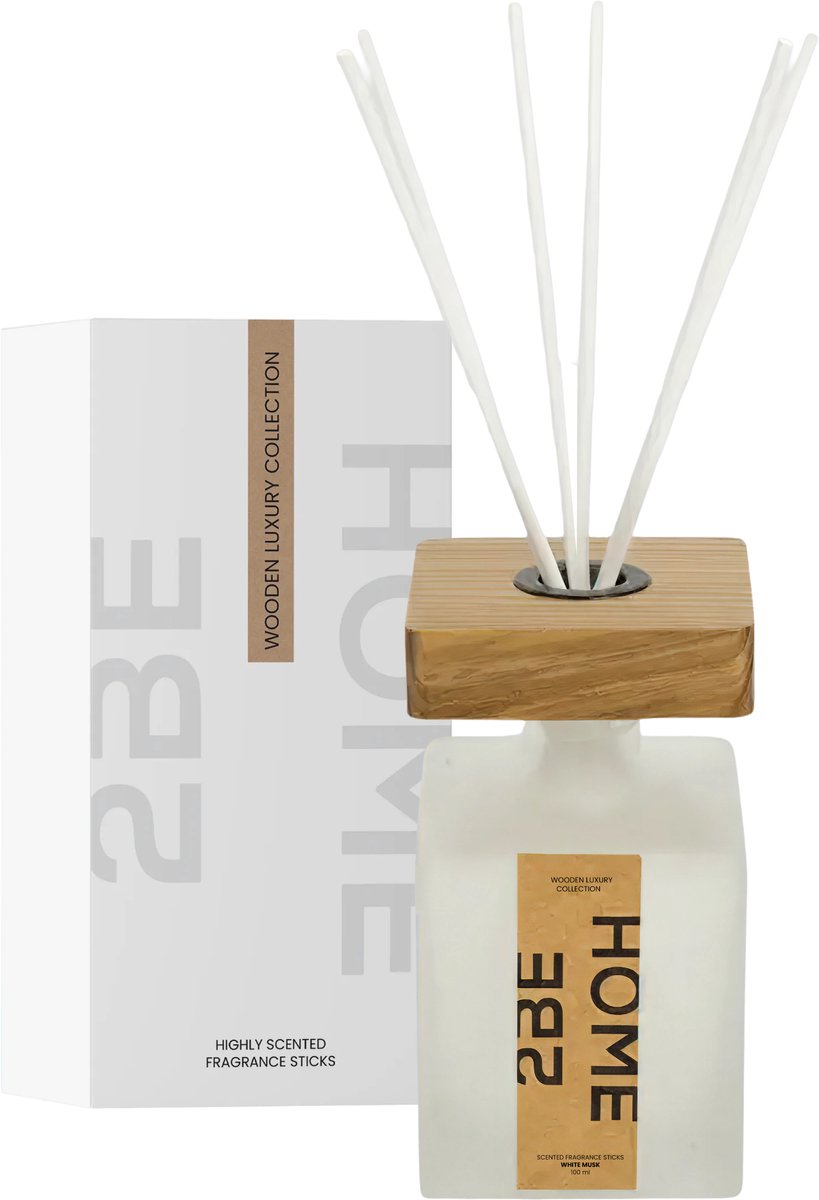 Luxe Geurverspreider WOODEN CUBE - ' Fig / Musk ' - Glas / Hout - - 50