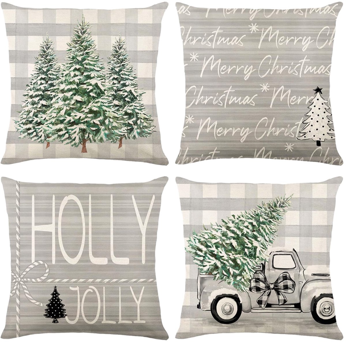 Unyqoos Set van 4 linnenlook kerstkussenslopen met kerstboompatroon voor feestelijke sfeer grijs