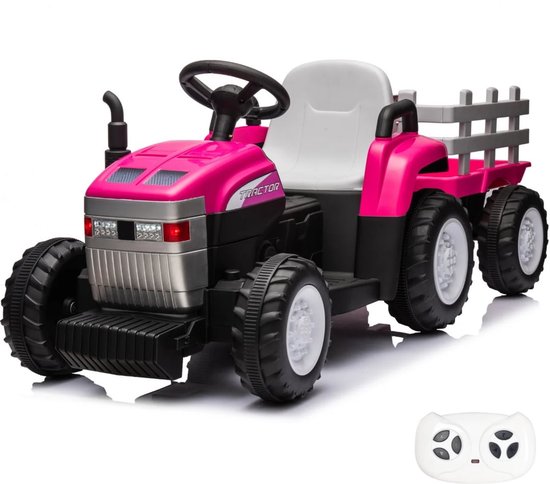 VROOOMY Elektrische Tractor 2 tot 5 jaar – Robuust Accuvoertuig met Verwijderbare Aanhanger & Soft-Brake – Li-ion Kindertractor met Afstandsbediening, EVA-rubberen banden & MP3 – Roze