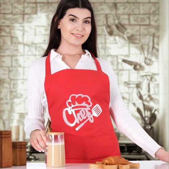 Tablier de chef Tavas 65 x 95 cm - Rouge - Tablier de cuisine avec 2 maniques - Coffret cadeau 3 pièces - Tablier femme - Qualité hôtelière