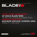 Tekstinformatie over het Winmau Blade 6 dartbord, "TRIPLE CORE TECHNOLOGY" en "CARBON FIBRE CORE".
