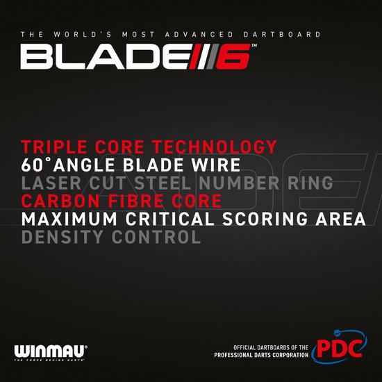 Tekstinformatie over het Winmau Blade 6 dartbord, "TRIPLE CORE TECHNOLOGY" en "CARBON FIBRE CORE".