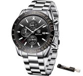 Montre homme en acier - Chronographe - Montre-bracelet - Outil de réglage - Zwart