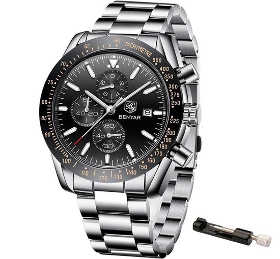 Stalen Heren Horloge - Chronograaf - Polshorloge - Verstel Tool - Zwart