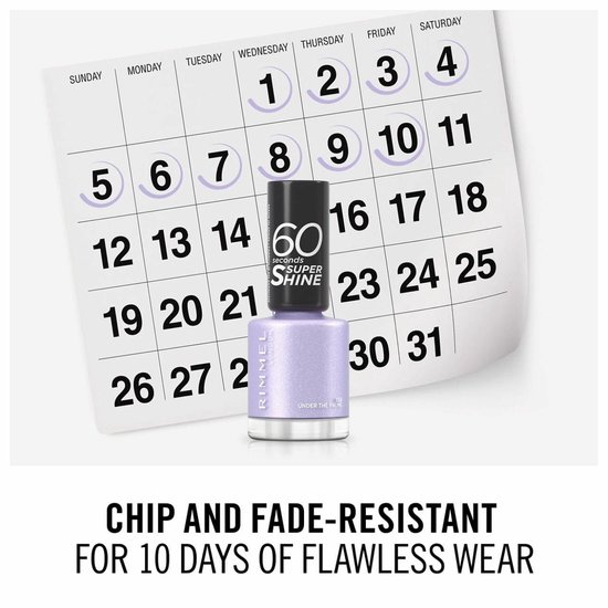 Rimmel London nagellakflesje met paarse glitters, 153 Under The Palms, op een kalender.