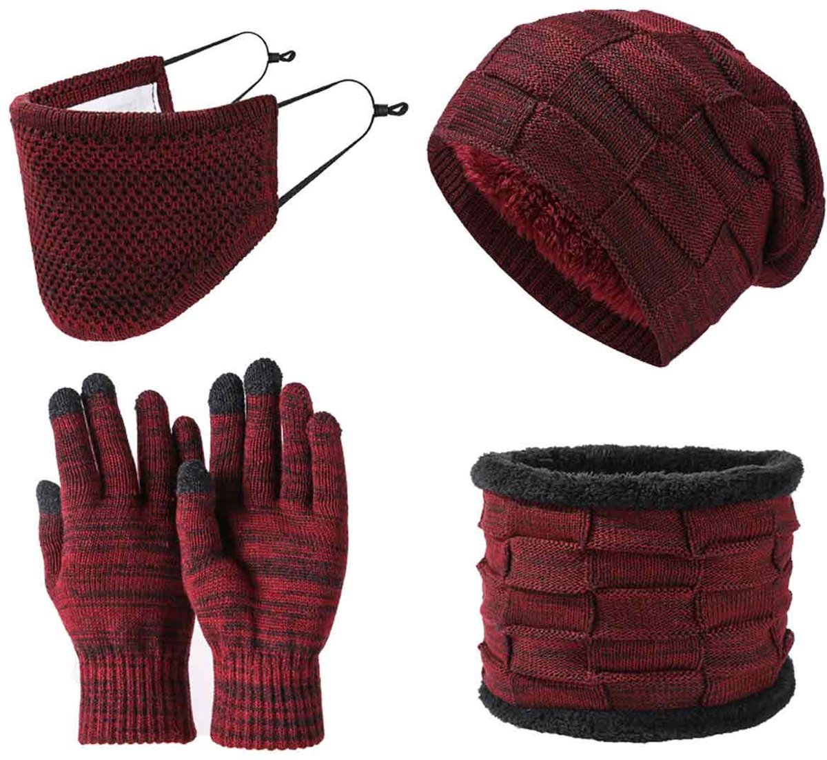 4-delige Winter Set - Gebreide Muts, Sjaal, Gezichtsmasker en Handschoenen - Dames en Heren - Bordeaux Rood - Warme Fleecevoering