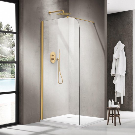 Douche à l'italienne Fortifura Galeria - 100x200cm - paroi en verre arrondie - verre clair - bras mural - laiton brossé PVD (Or)