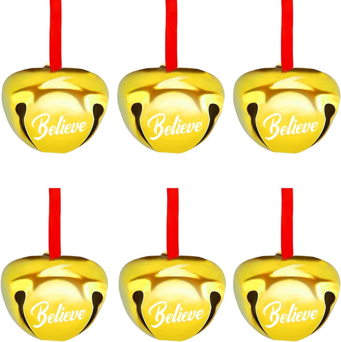Gouden metalen kerst slee bel ornamenten met rood lint.
