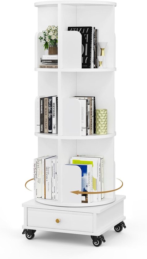 Boekenkast - Draaibare boekenkast op wielen - Drie planken - Met lades - Verplaatsbaar - Hoekboekenkast - Boekenrek - Houten draaibare boekenkast - Geschikt voor studeerkamer, slaapkamer, woonkamer - Wit