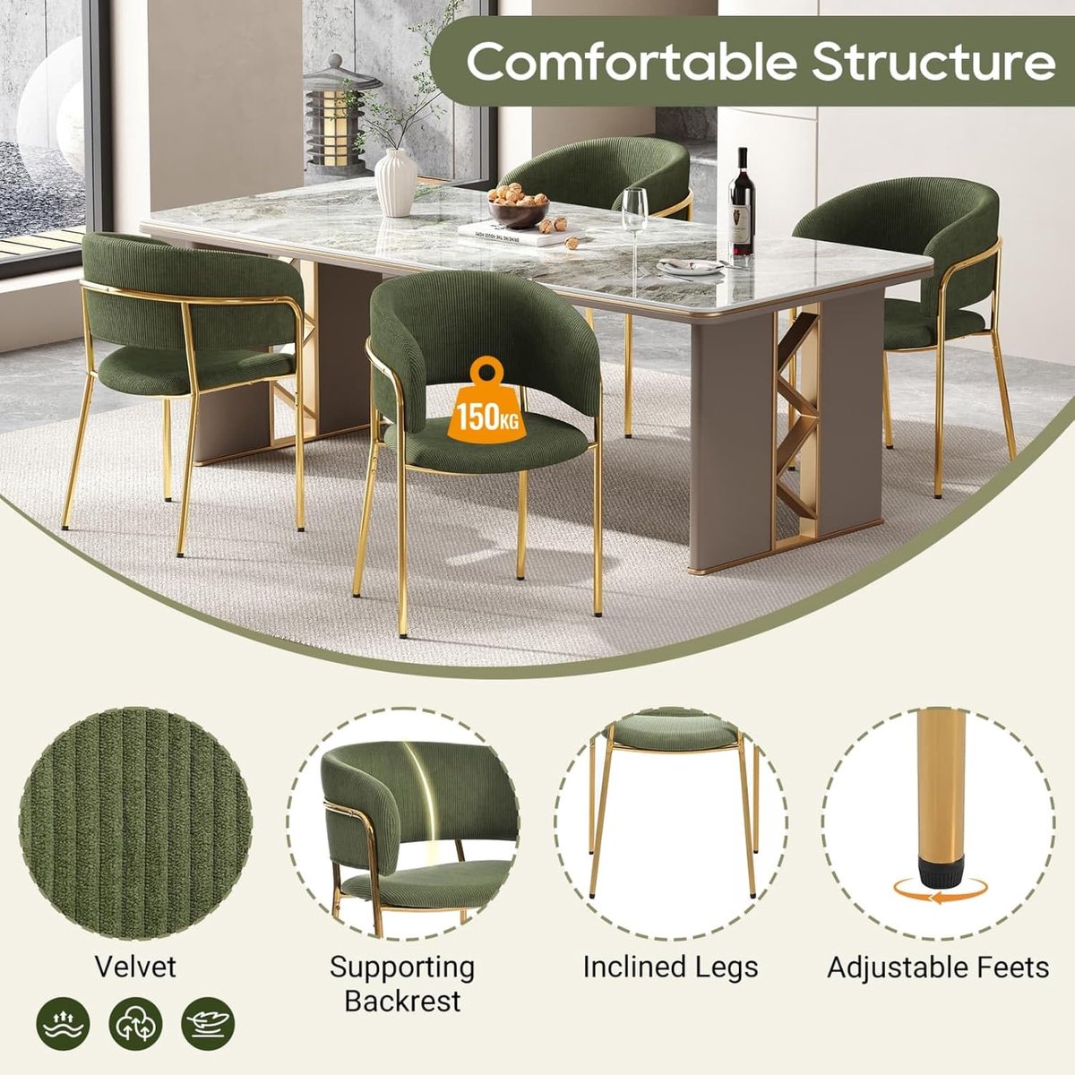 Moderne Eettafelset met 6 Ergonomische Fluwelen Stoelen, Schuine en Verstelbare Poten, Metaal & Hout Design, 55x55x80 cm – Luxe Eetkamer- en Kantoorinrichting – Novihome