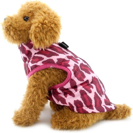 Bruine hond in profiel, draagt roze gewatteerd jasje met luipaardprint.