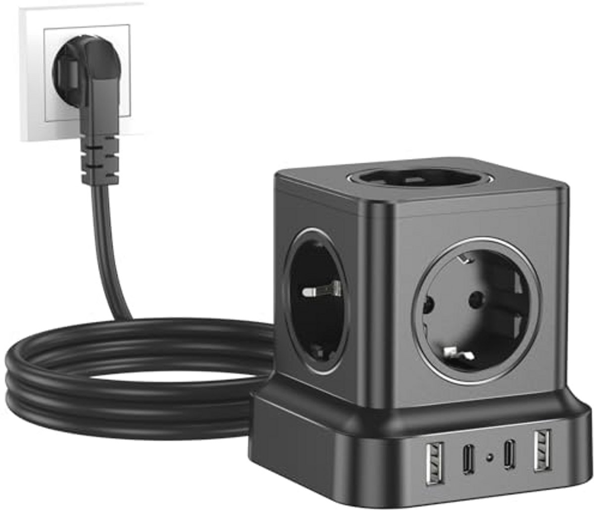 Stekkerkubus met 4 USB-poorten - 5-voudige verdeler met schakelaar en overspanningsbeveiliging voor kantoor en thuis