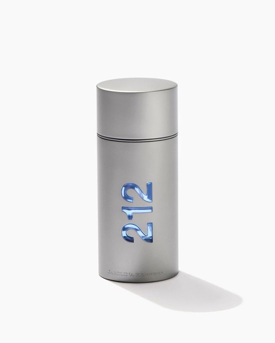 Zilverkleurige parfumfles met blauwe '212' inscriptie.