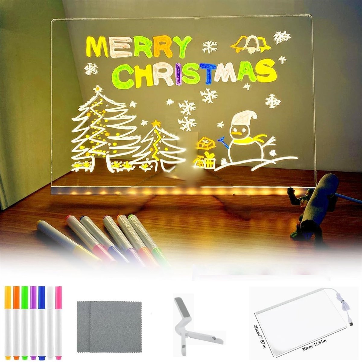 QTTVBTNA - LED Acryl Schrijfplaat - Met 7-kleuren penselen - USB Aangedreven - DIY Tekenbord - Geschikt voor thuis, op kantoor, in een café, enz - Warm Licht - 30x20cm - 1 stuk
