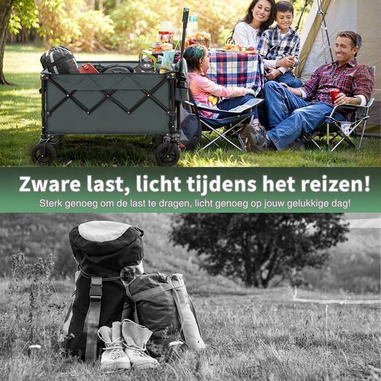 Opvouwbare Festivaltrolley 150 Kg – Stevige Bolderkar Met Verstelbare Handgreep & Rem Voor Camping - Strand & Tuin