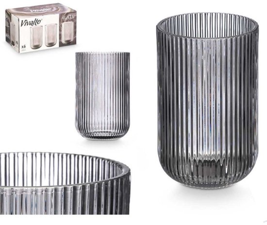 INSETLAN 370 ml ribbed long drink glasses, set of 6, ideal for whiskey