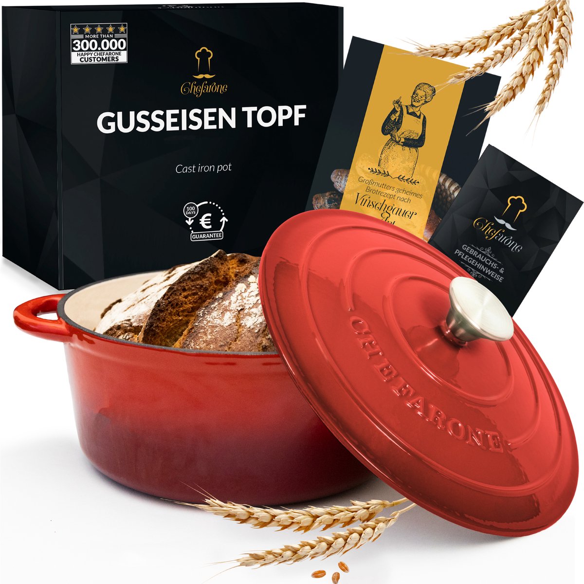 Gietijzeren Pan Chefarone 4.7L - Braadpan Inclusief Deksel - Kookpan voor alle Warmtebronnen - Kookpot Ø 26CM - Geëmailleerd Rood