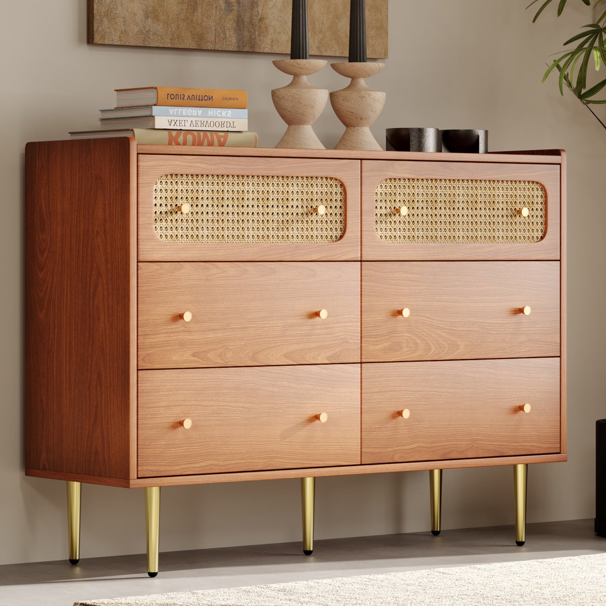 STILVORA Dressoirs - Ladekast Met Rattanlook - Stevig & Functioneel - Massief Hout - 90x120x40 cm - Bruin