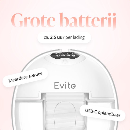 Witte Evite borstkolf met grote batterij, ca. 2,5 uur per lading en USB-C oplaadbaar.