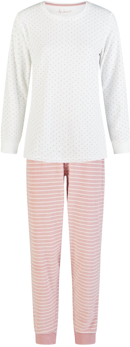 By Louise Dames Winter Pyjama Set Lang Badstof Wit/Roze Gestreept