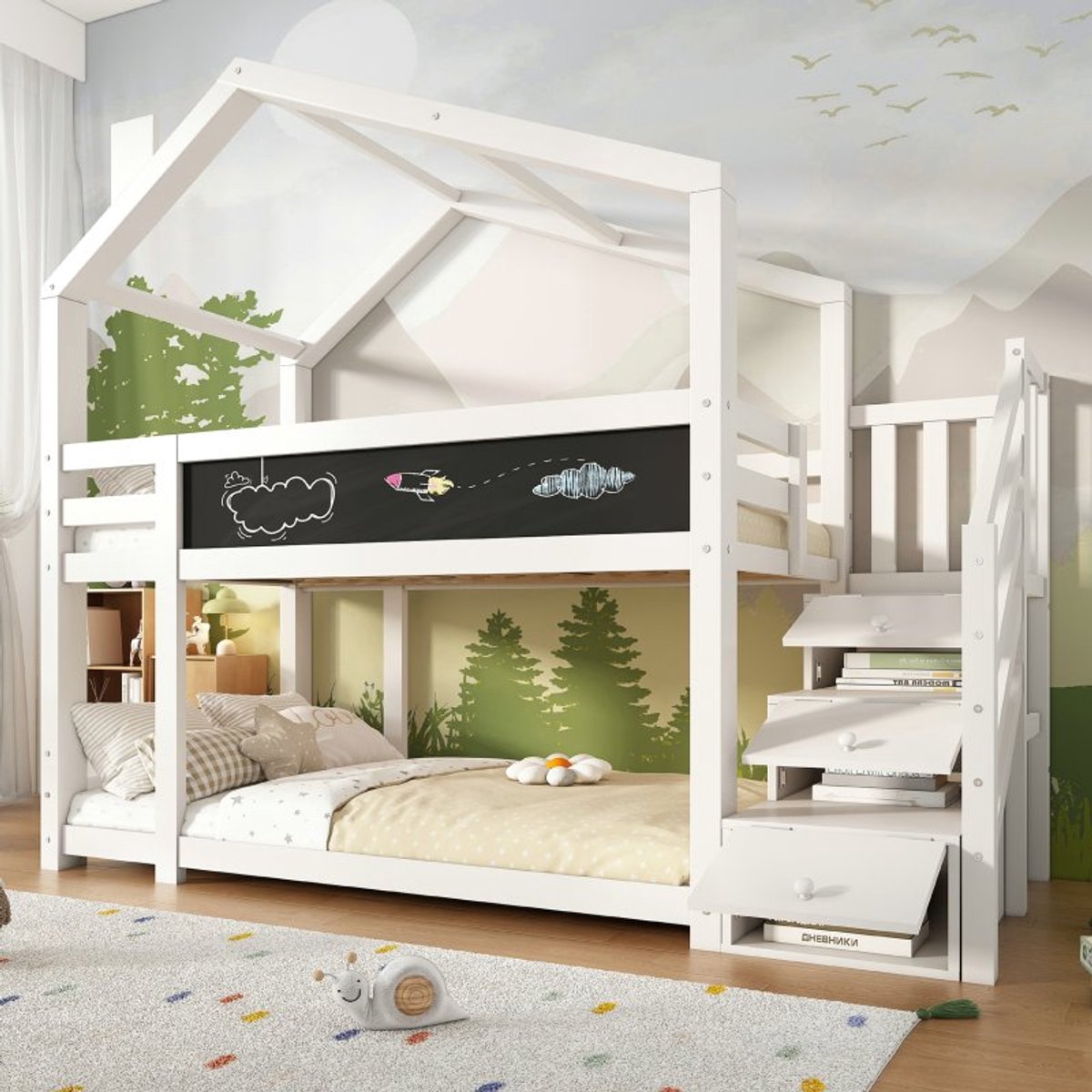 Boomhut stapelbed voor kinderen 90x200 cm met open haard - Valbeveiliging, inclusief krijtbord - 2 Lattenbodems - Wit