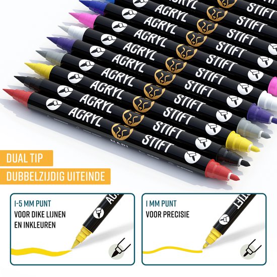 Een rij met zwarte acryl stiften met gekleurde doppen. Tekst: 'DUAL TIP'. Twee close-ups van de stiften met de tekst '1-5 MM PUNT' en '1 MM PUNT'.