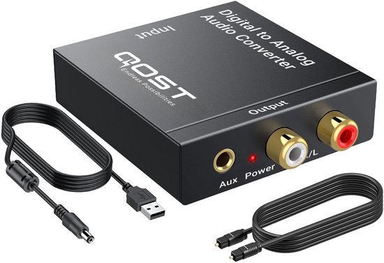 Qost Digitaal naar Analoog Audioconverter - 192 kHz Audio Adapter - DAC - Toslink - RCA R/L - Inclusief Optische Kabel en Voedingsadapter