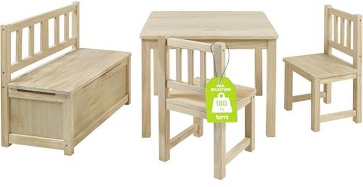 Kindertafel met 2 Stoelen en Speelgoedkist - Kinderzitbank van Massief Grenen