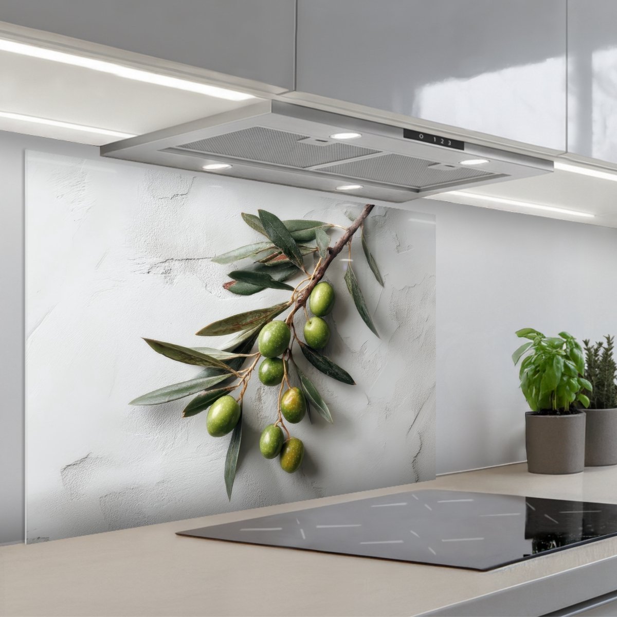 KitchenYeah Spatscherm 90x60 cm Zelfklevende achterwand Olijventak Beton print Mediterraan Keuken muurbeschermer Spatwand fornuis