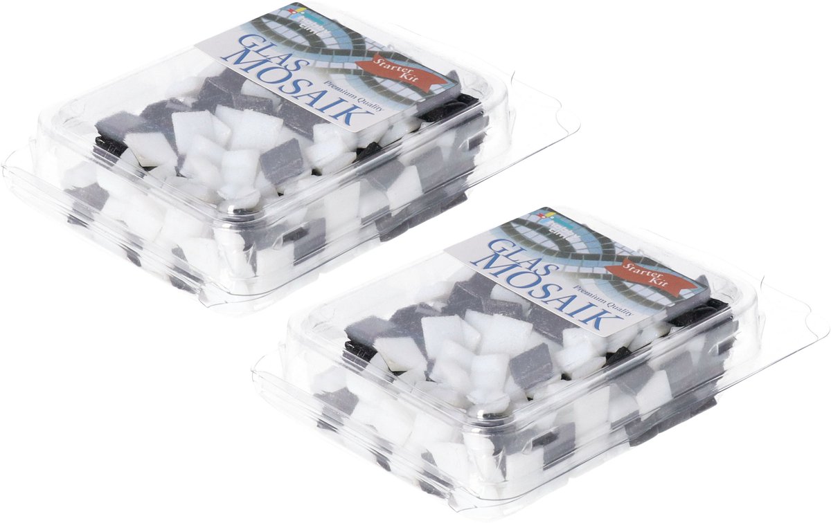 Glorex mozaiek steentjes/tegeltjes - starters pakket - vierkant - 560x stuks - wit/zwart - 1 x 1 cm