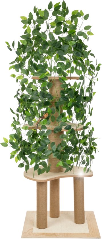 Een kattenboom met een houten stam, sisal krabpalen en veel groen. Staand op een houten voet.