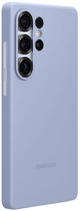 Lichtblauwe Samsung siliconen hoes, zijaanzicht met cameralens uitsparing.