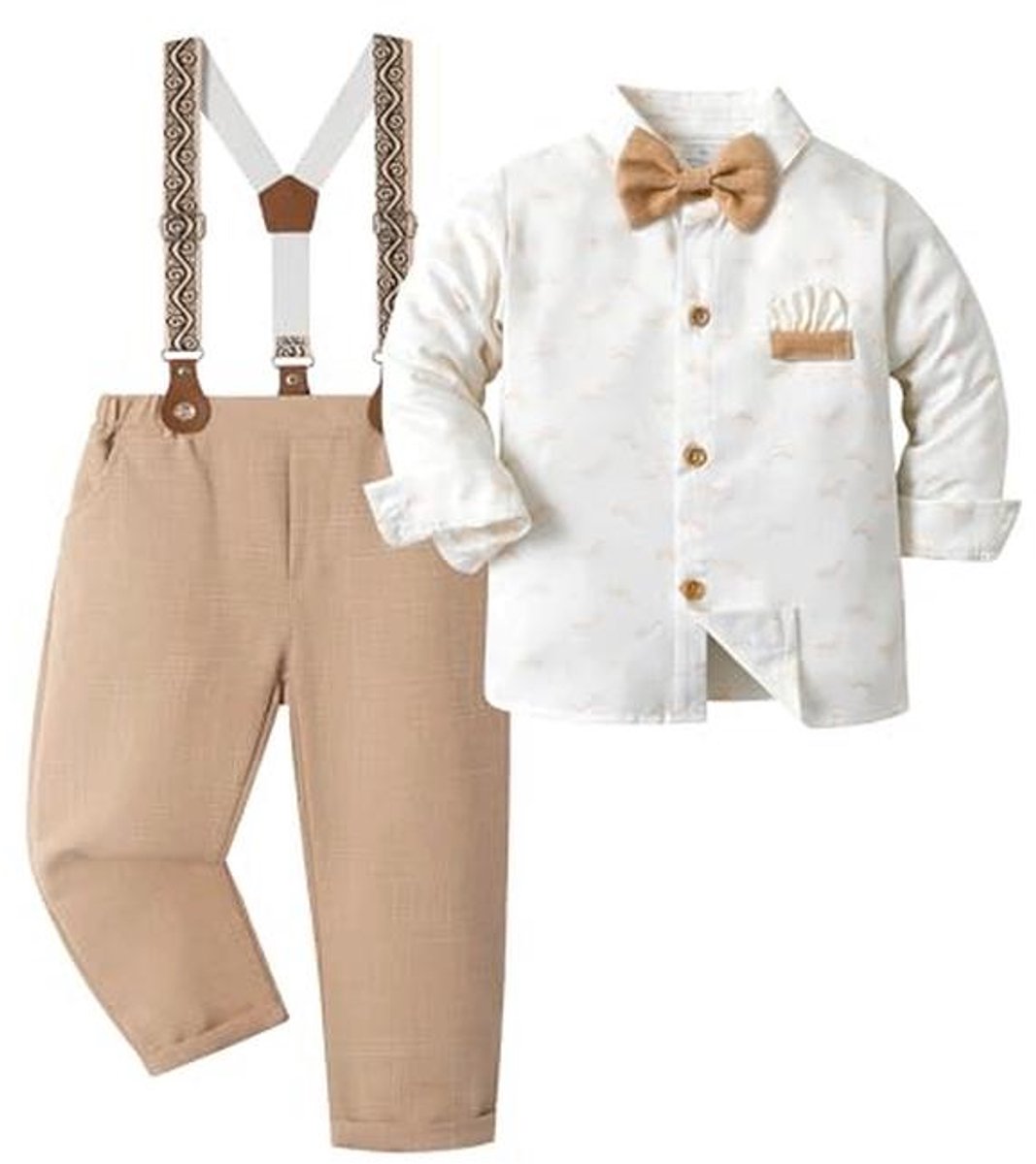 Katoenen Trouwring Set voor Baby en Kind - 4-delige Kledingset met Strik en Bretels