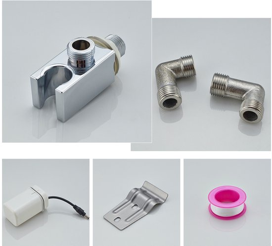 Accessoires voor douchepaneel: douchehouder, bochten, waterdichte doos, montagebeugel, teflontape.