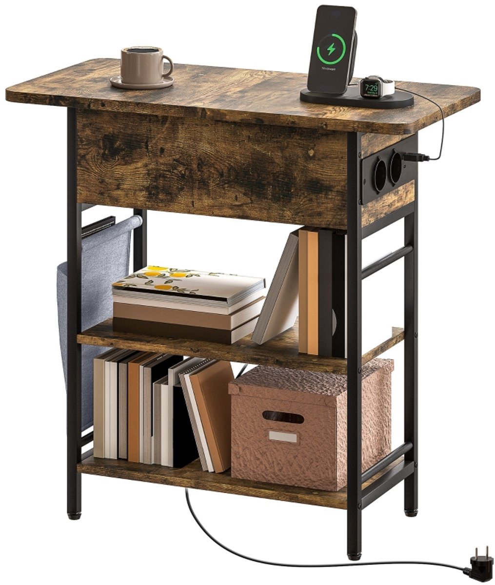 MODFU Rustieke Bruine Bijzettafel met Stekkerdoos en USB-aansluitingen - Nachtkastje met 2 Niveaus en Opbergruimte, 60 x 29,8 x 58,5 cm