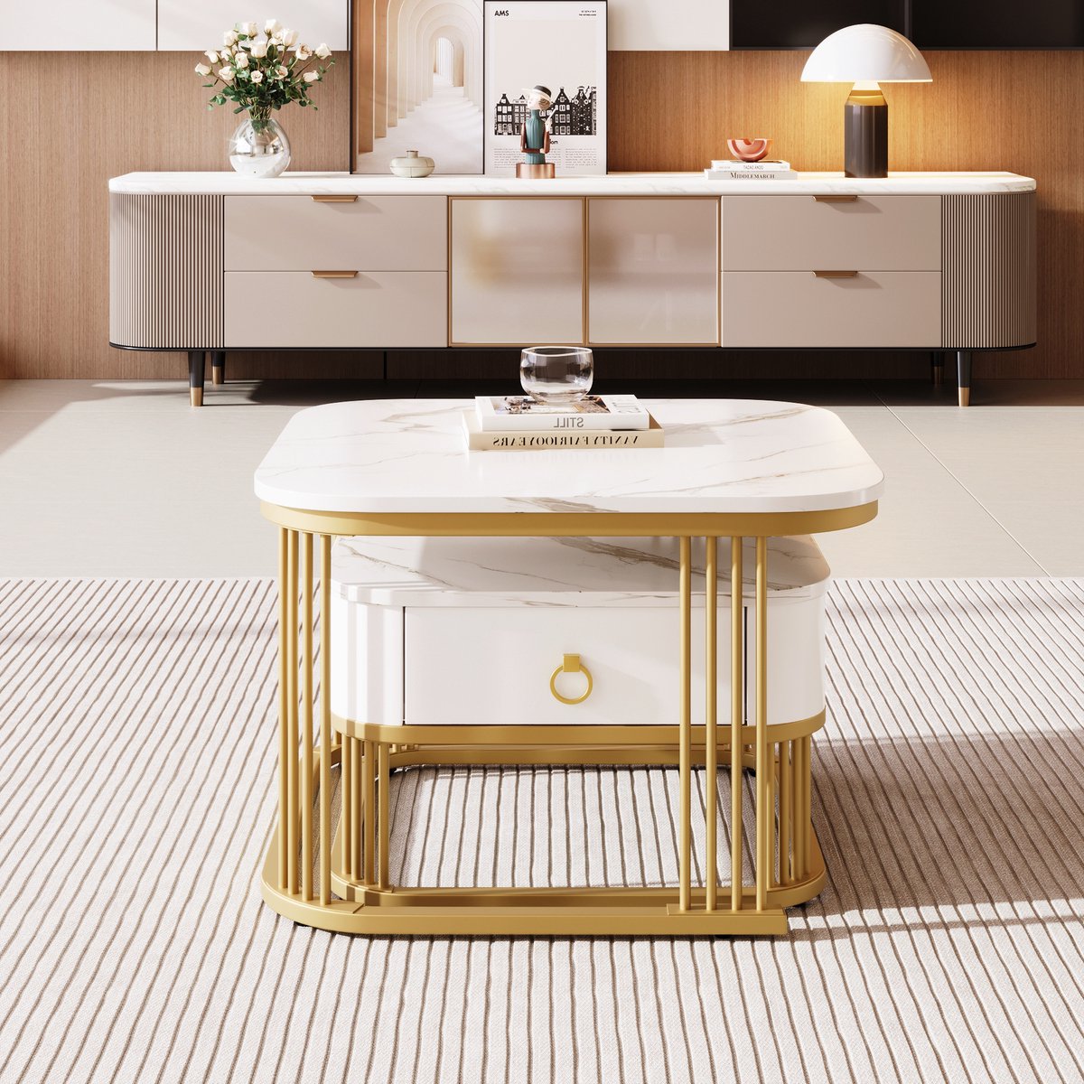 MODFU Stapelbare salontafel set van 2 – Hoogglans marmerlook met gouden accenten, bijzettafel met lades Wit