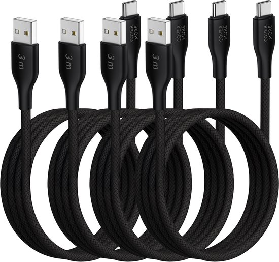 4x Gevlochten USB A naar USB C oplaadkabel 3m zwart lang voor Samsung Galaxy telefoon tablet
