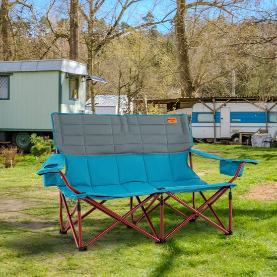 COSTWAY Campingstoel voor 2 personen, klapstoel met verstelbare armleuningen, bekerhouders en draagtas, 272 kg draagvermogen, campingbank, inklapbaar, vouwbank, visstoel voor camping, picknick, blauw van Costway — afbeelding 4