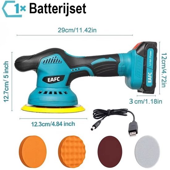 Turquoise en zwarte EAFC polijstmachine met 21V batterij. Afmetingen 29cm lang, 12.7cm hoog. Inclusief 3 schuurschijven en oplader.