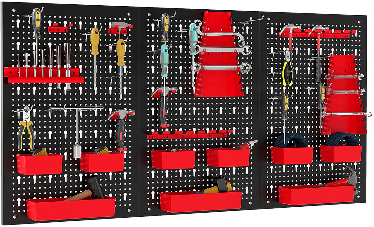 COSTWAY Gereedschapswand, 120 x 60 x 2 cm, gatenwand, werkplaats met 9 opbergdozen, gereedschapshouders en haken, werkplaatswand, metaal, met accessoires voor garage, werkplaats (rood)