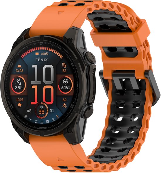 Bracelet de sport silicone Strap-it 'Wave' - compatible avec Garmin Fenix 8 (Pro-E-47 mm) - Fenix 7 & 6 (Solar-Pro) - Fenix 5 (Plus) / Forerunner 970-965-955-945-935-745 / Epix Gen 2 - Pro 47 mm / Quatix 7- 8 / Fenix 8 (Pro/E) - Oranje/Zwart