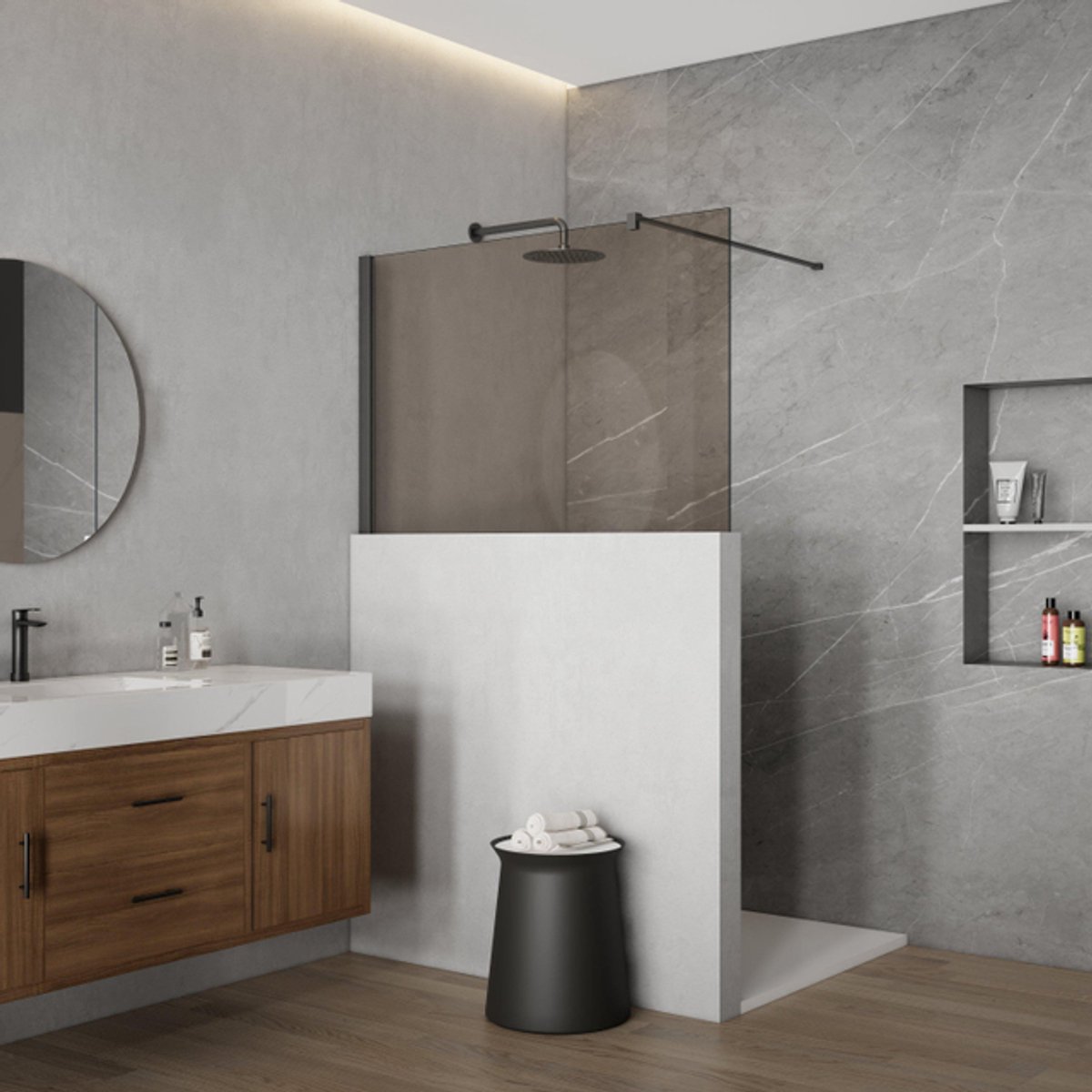 FugaFlow Eccelente Vetro Halfhoge Inloopdouche - 110x80cm - rookglas - 8mm - nano - met profiel en stabilisatiestang - Geborsteld Gunmetal PVD